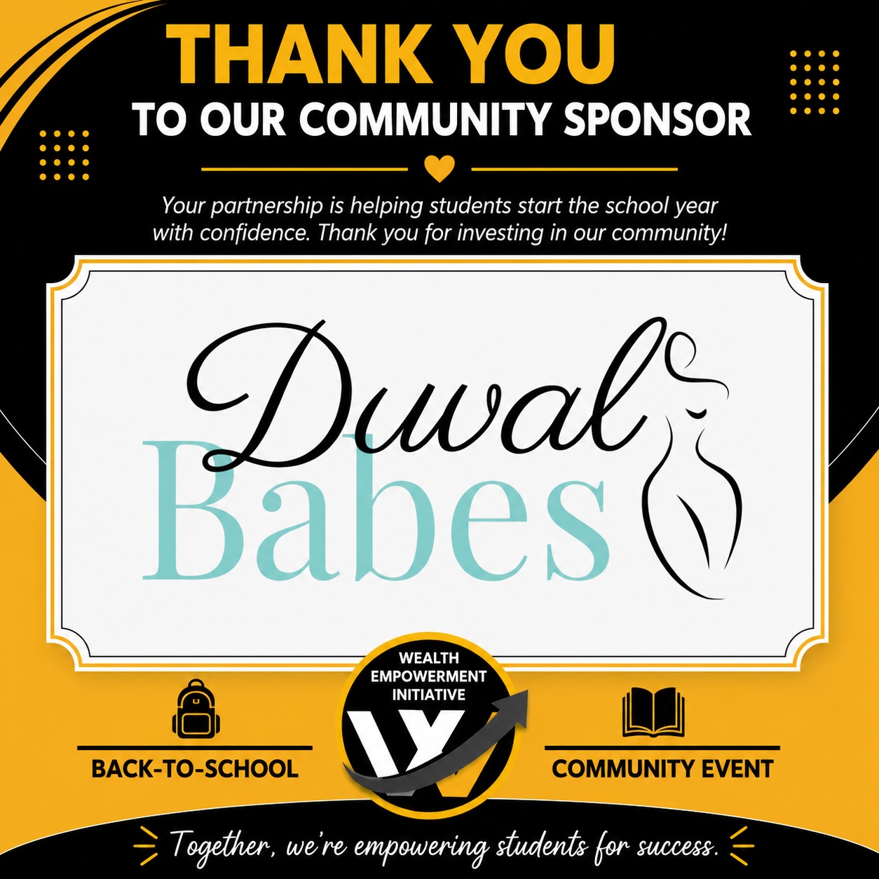 Thank you to April, founder of @theduvalbabes for being a sponsor for our Back-to-School Community Event. 

Your generosity and commitment to our community will help students start the school year with confidence and lighten the load off of their parents and guardians. 

We appreciate your partnership and investment in our youth. Together, we’re making a lasting impact! 

 #BackToSchool #CommunityImpact #WealthEmpowermentInitiative #Jacksonville